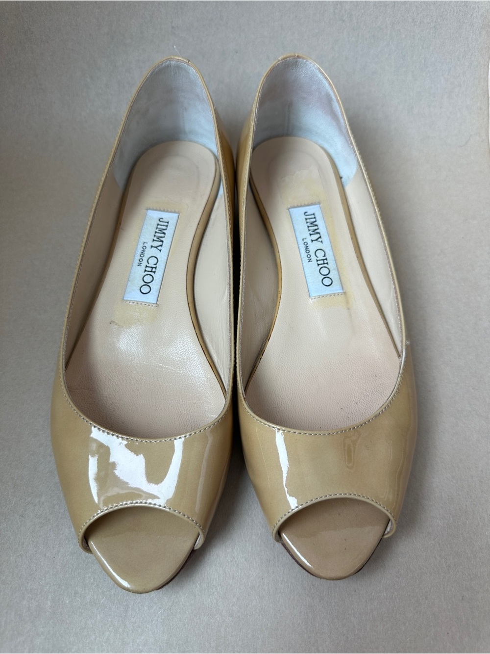 Jimmy Choo Beige Patent Leather Peep-Toe Flats